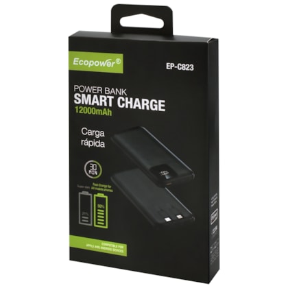 Carregador Portatil Ecopower Power Bank Smart Charge Ep-C823 12000 Mah 2 Entrada Tipo C 1 Entrada Usb 3.0 Preto