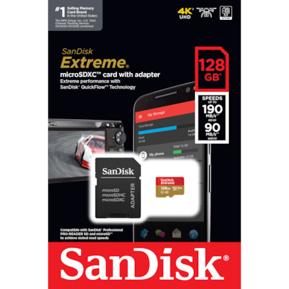 Cartão De Memória Sandisk Extreme 128gb Uhs-i Micro Sdxc 190mbs Class 10 Com Adaptador Sdsqxaa-128g-gn6ma