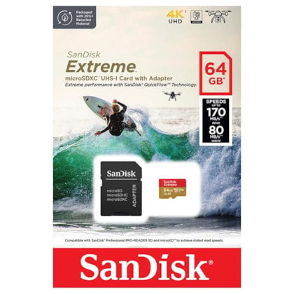 Cartão De Memória Sandisk Extreme 64gb Micro Sdxc 100mbs Com Adaptador Sdsqxah-064g-gn6aa