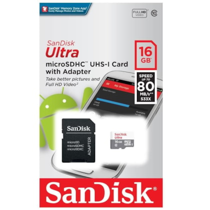 Cartão De Memória Sandisk Ultra+ 16gb Classe 10 Com Adaptador 80mbs Sdsquns-016g-gn3ma