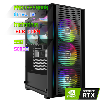 COMPUTADOR GAMER INTEL I3 12100F/PLACA H610 DDR4/16GB DDR4/SSD 500GB/GABINETE AURA GC2 ELITE/500W 80PLUS/RTX 3050 8GB