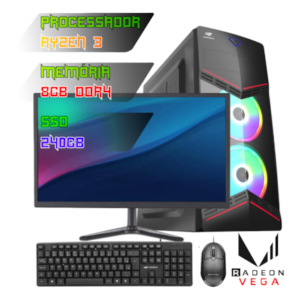 COMPUTADOR GAMER RYZEN 3 3200G/PLACA A520 DDR4/8GB DDR4/SSD 240GB/GABINETE G90/500W/MONITOR 18,5"/KIT TECLADO E MOUSE