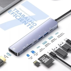 Hub Usb Tipo C 1 Usb Tipo C Macho Kapbom 2 Usb 3.0 1 Hd4K 2 Usb Tipo C  1 Sd 1 Tf Femêa Cinza Ka-2570