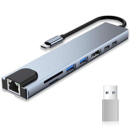 Hub Usb Tipo C 8 Em 1 Rj45 Usb Hdmi Leitor De Cartão Com Adaptador Usb Fwtx92718