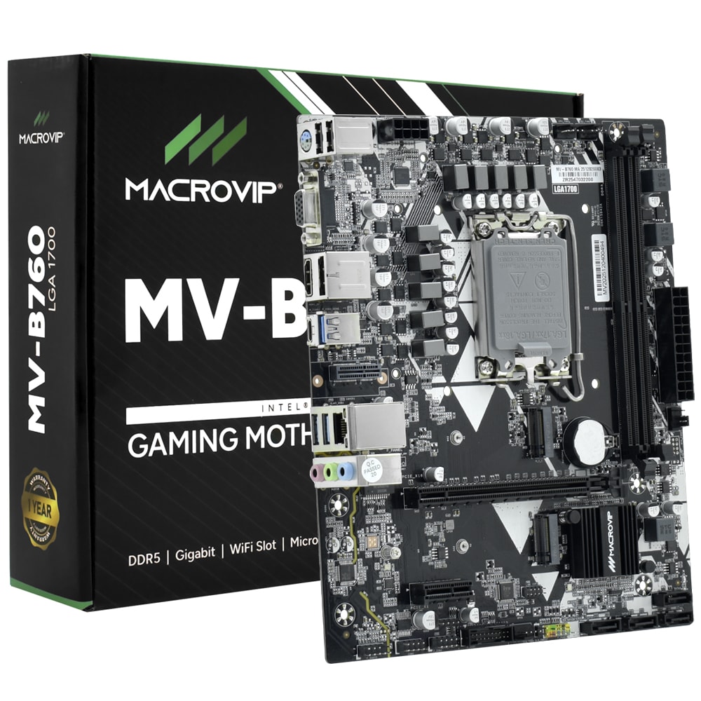 おまけ Placa Mãe Macrovip B760 Ddr5 Lga 1700 Matx M.2 Display Port Hdmi