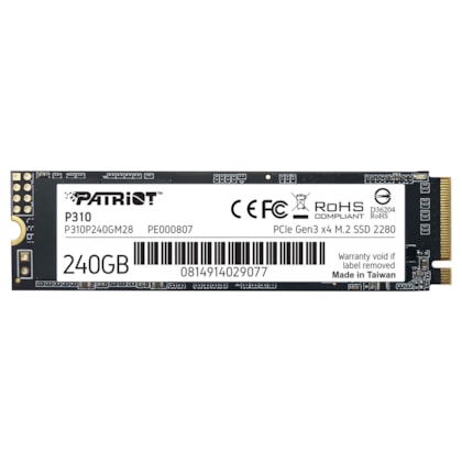 Ssd Patriot P310 240gb M.2 2280 Nvme Leitura E Gravação 1700mb/s - 1000mb/s Gen3x4 9se00122-p310p240gm28